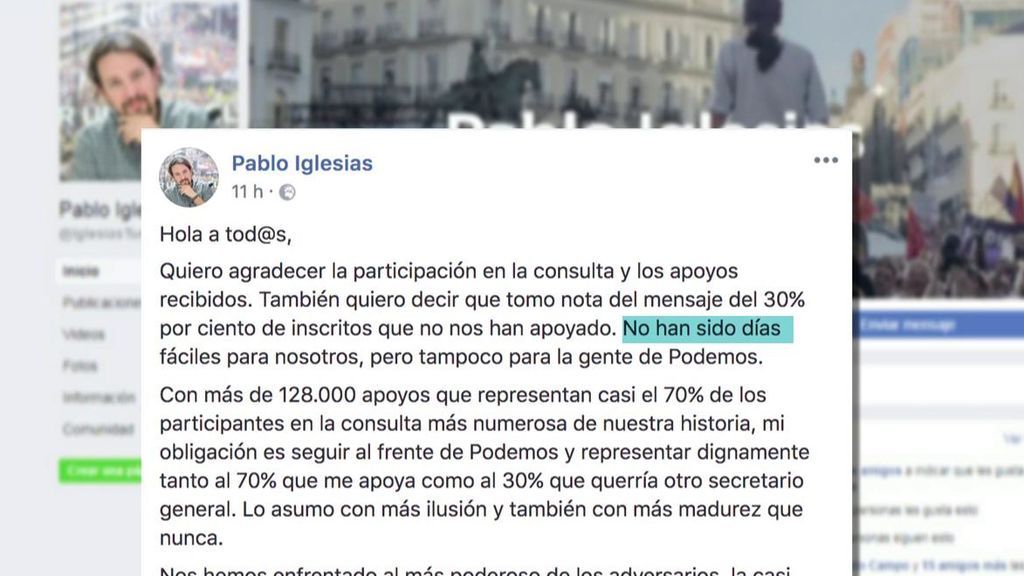 Pablo Iglesias: "El 70% de apoyo nos obliga a seguir al frente de Podemos"
