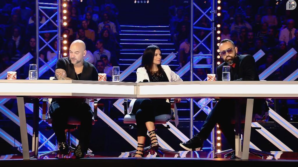Fernando Montesinos, Laura Pausini y Risto Mejide, en la fase de 'Las sillas' de 'Factor X' el 25 de mayo de 2018.