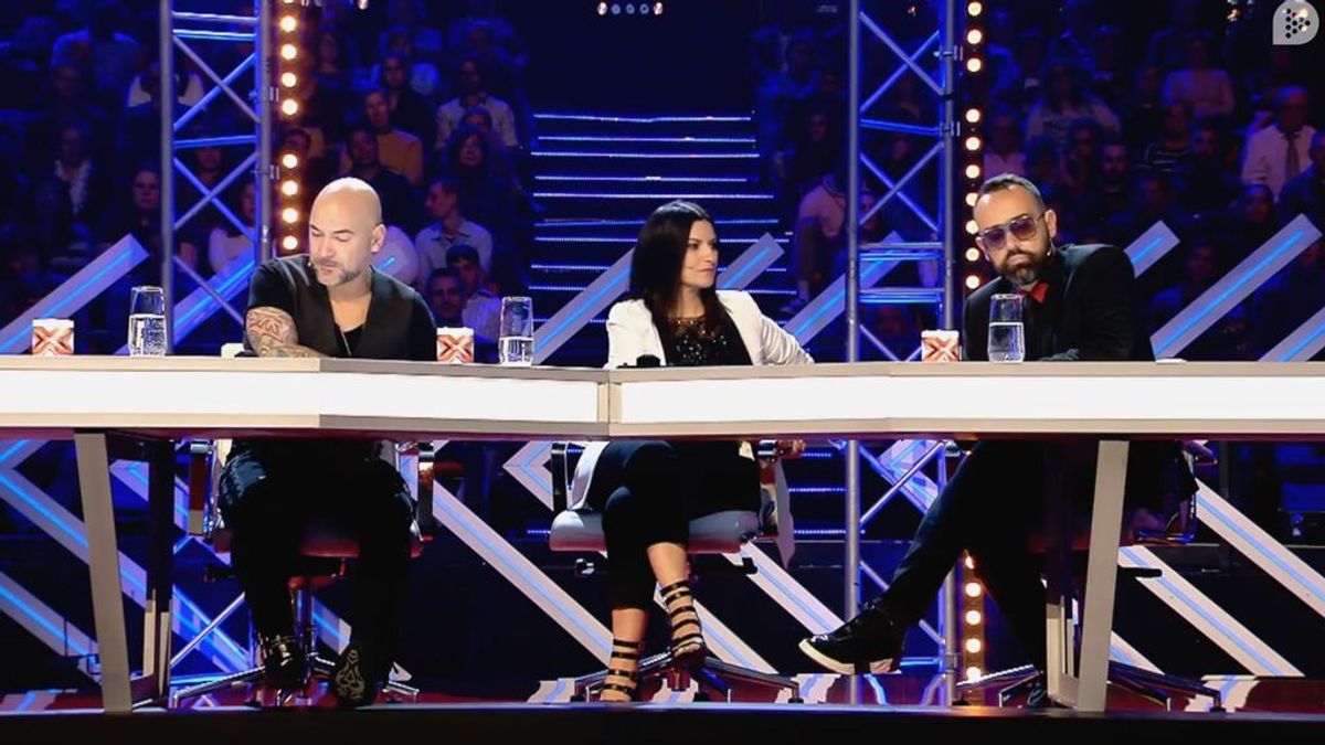 Fernando Montesinos, Laura Pausini y Risto Mejide, en la fase de 'Las sillas' de 'Factor X' el 25 de mayo de 2018.