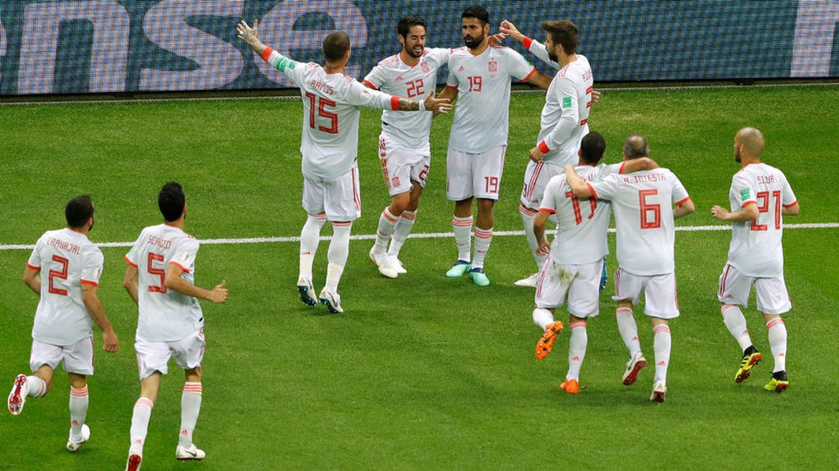 Los jugadores de la selección española celebran el gol de Diego Costa a Irán el 20 de junio de 2018 en el Mundial de Rusia.