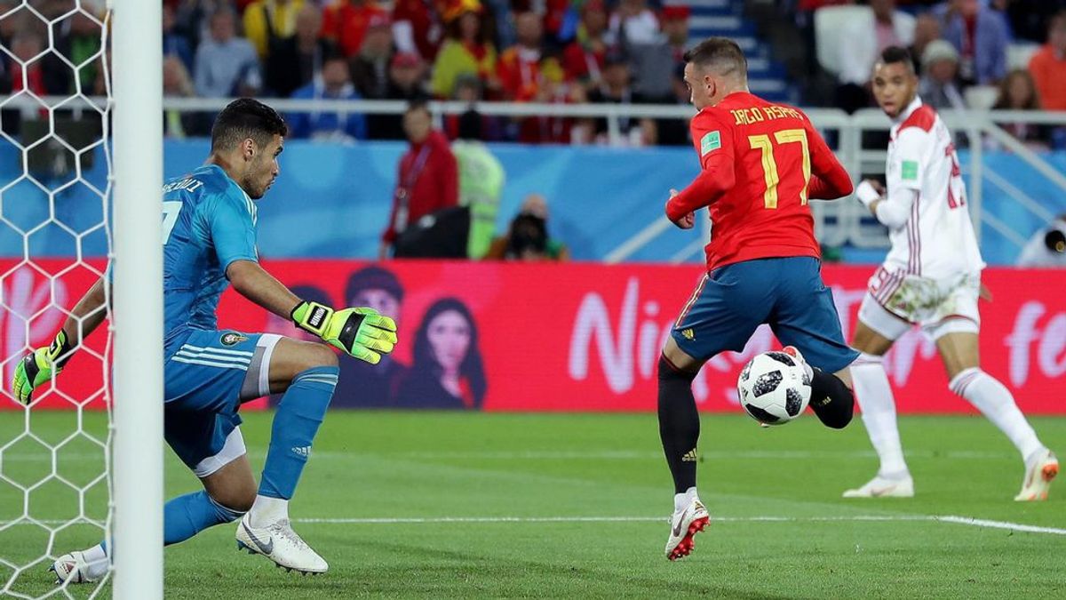 Iago Aspas marca a Marruecos el gol que dio a España el pase a octavos de final del Mundial de Rusia.