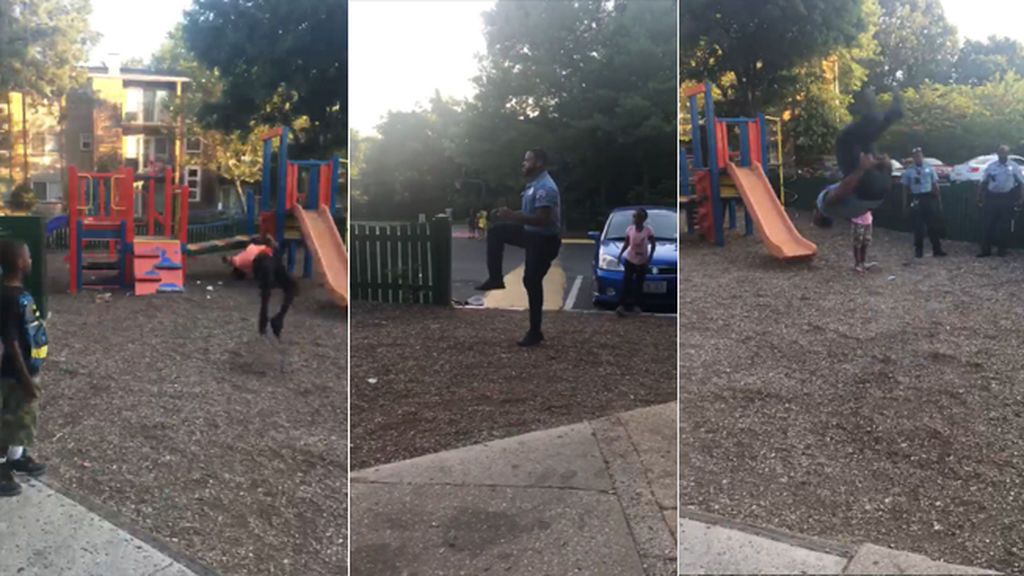 Un policía deja sin palabras a los niños que le retaron a una competición de volteretas hacia atrás