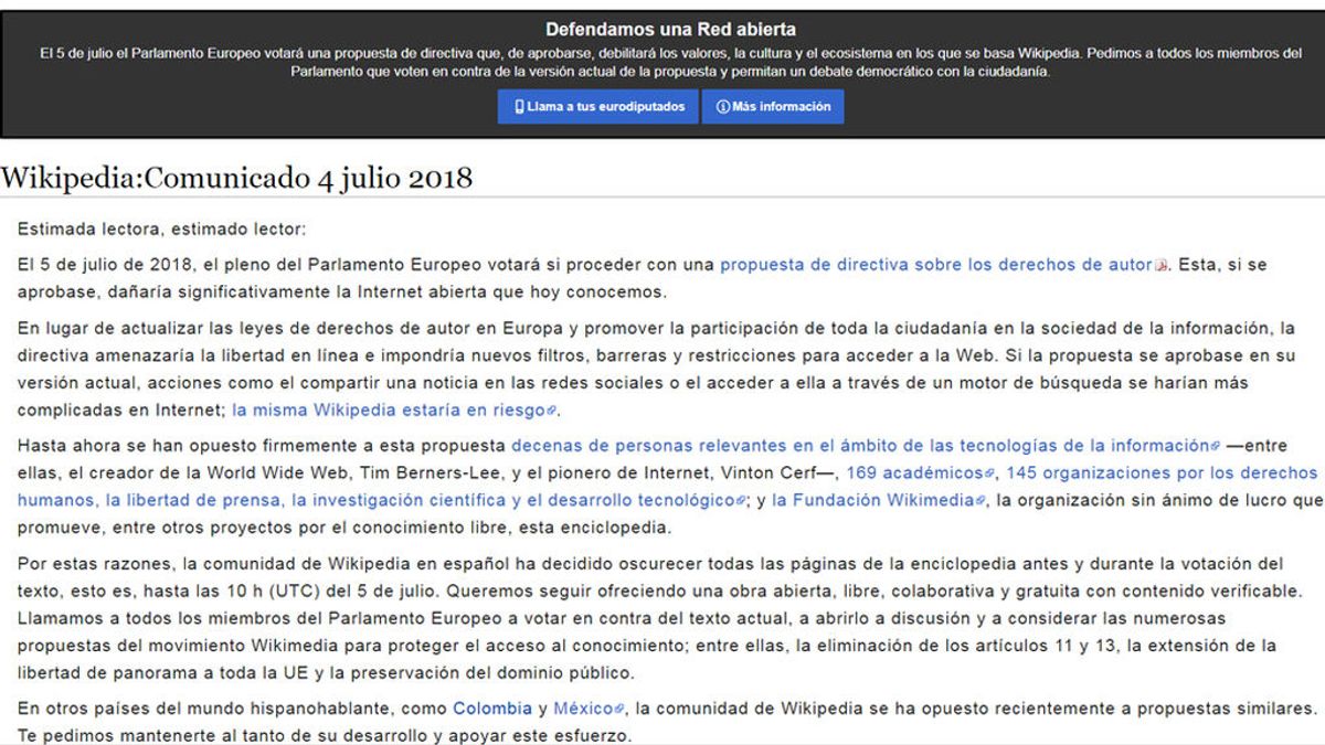 Wikipedia en español cierra dos días en protesta por la propuesta de derechos de autor de la UE