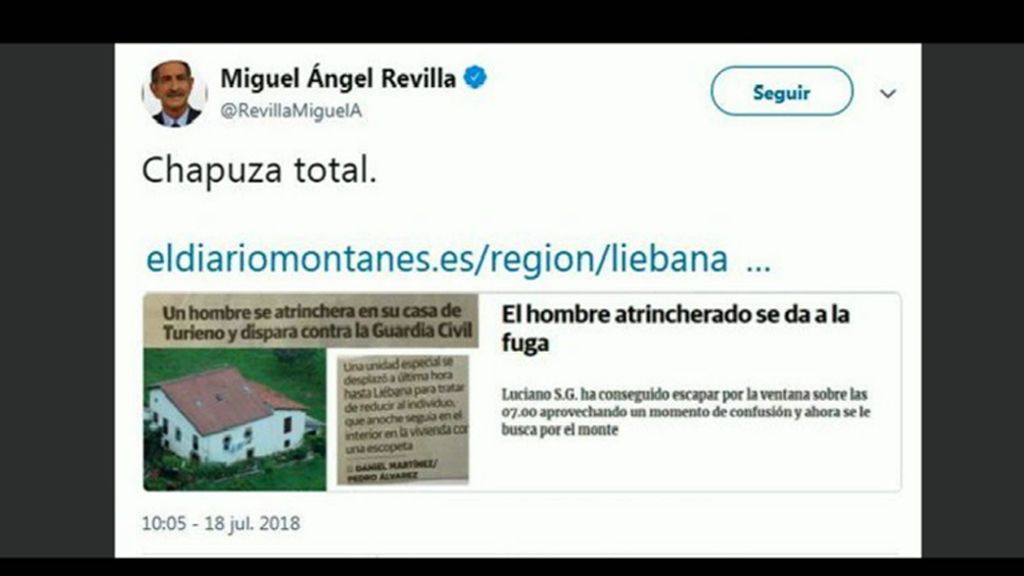 Miguel Ángel Revilla, sobre su tuit sobre la "chapuza total" de la Guardia Civil en Turieno: "He cometido un error gravísimo"