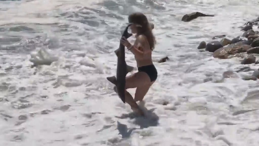 Una joven ayuda a un tiburón a volver a aguas profundas