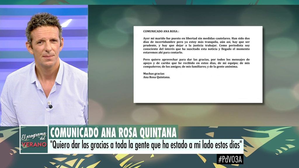 El comunicado de Ana Rosa: "Gracias por todos los mensajes de apoyo y estar a mi lado"