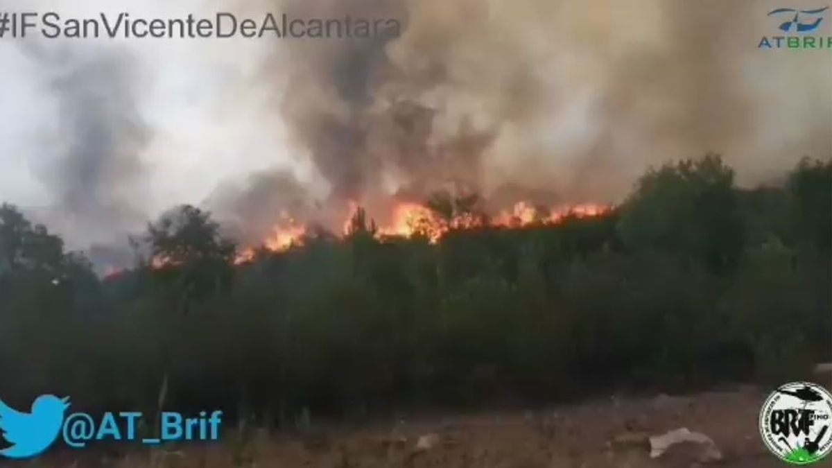 Medios terrestres trabajan para controlar el incendio declarado en San Vicente de Alcántara (Badajoz)