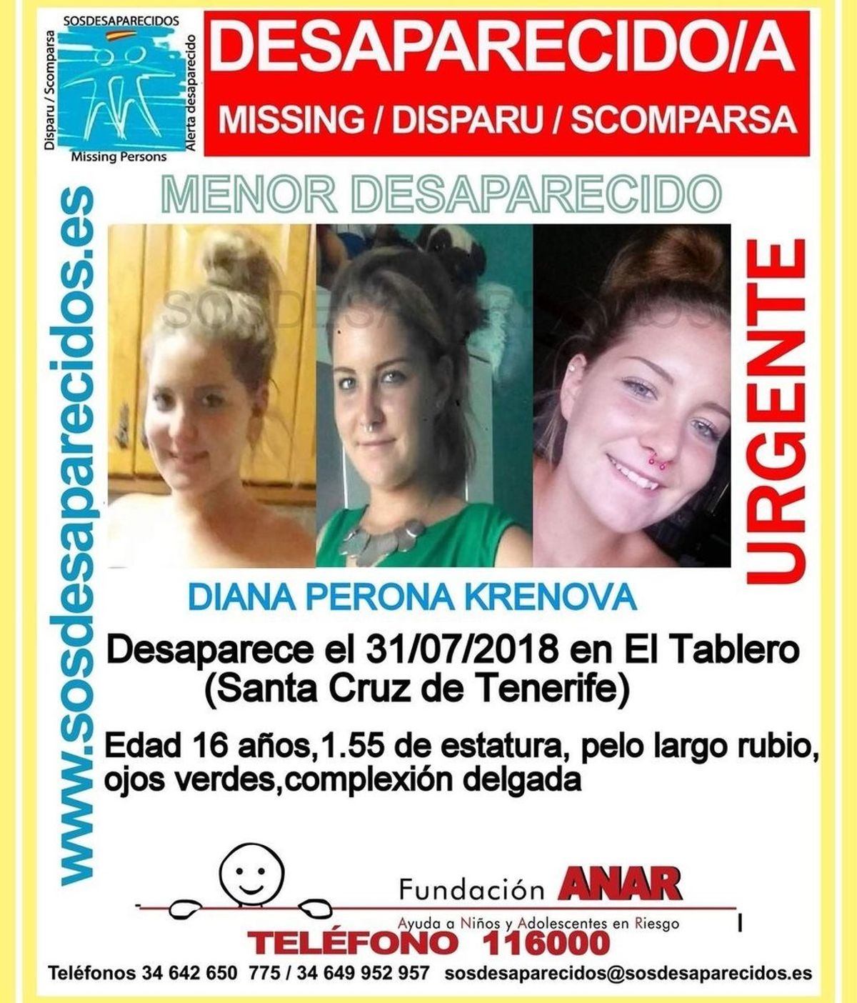 Desaparecida en Tenerifer Diana Perona Krenova, una menor de 16 años