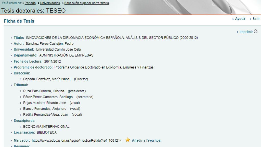 Ficha de la tesis doctoral de Pedro Sánchez