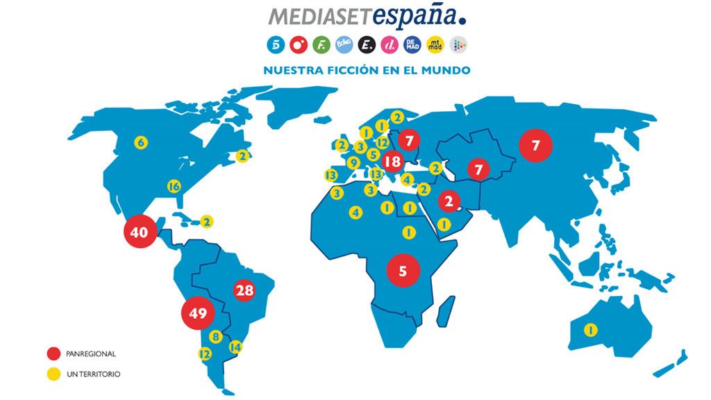 Mapa de distribución de la ficción de Mediaset España en el mundo.