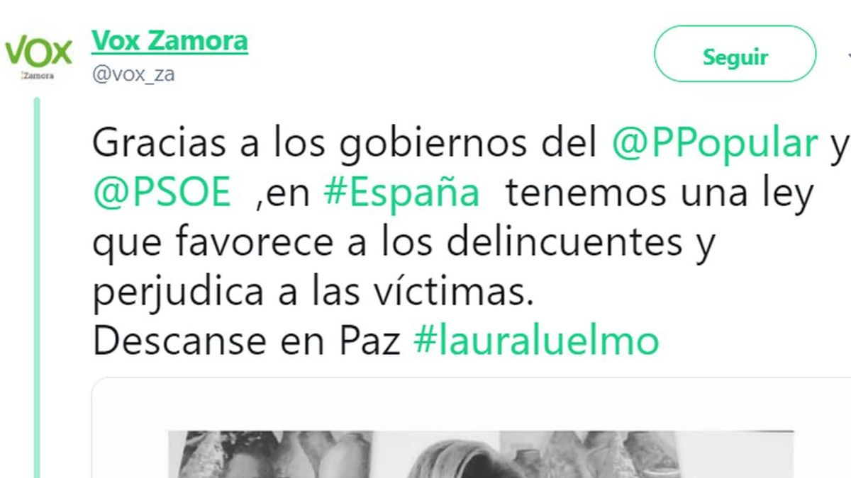 Vox Zamora culpa a una ley blanda los casos Laura Luelmo y las redes sociales estallan