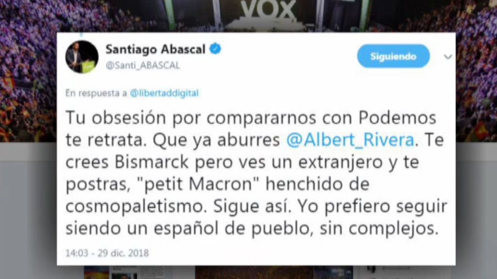 Abascal llama a Rivera "petit Macron henchido de 'cosmopaletismo'" por excluirle de futuros pactos de Gobierno