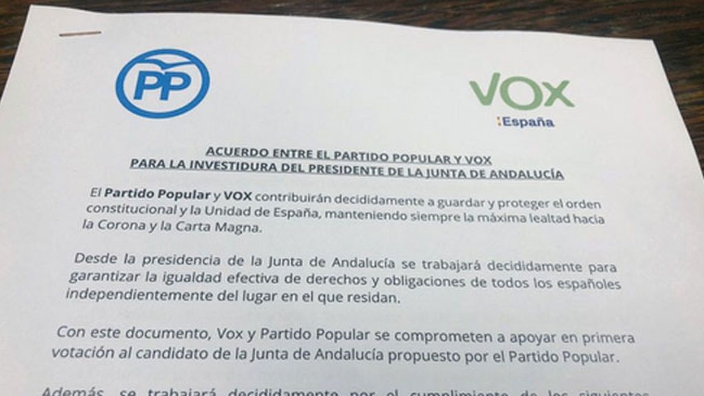 Los puntos del acuerdo PP y Vox para la investidura de Juanma Moreno