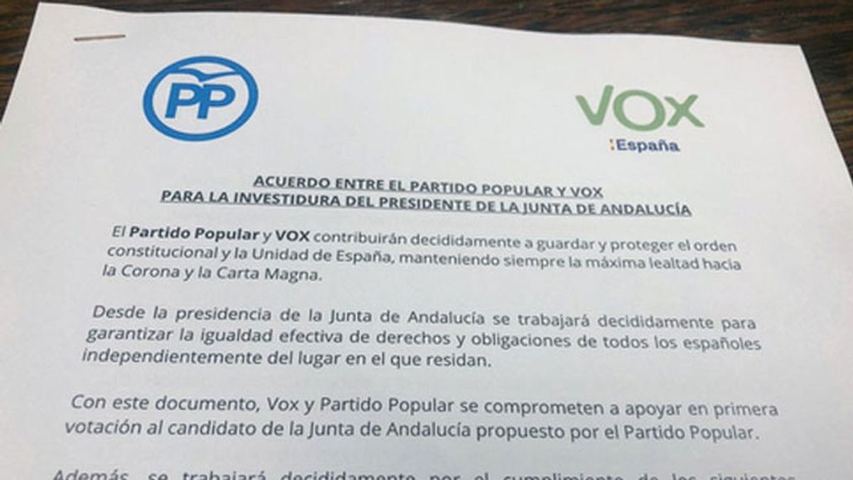 Los 37 puntos del acuerdo entre Vox y el PP para gobernar Andalucía