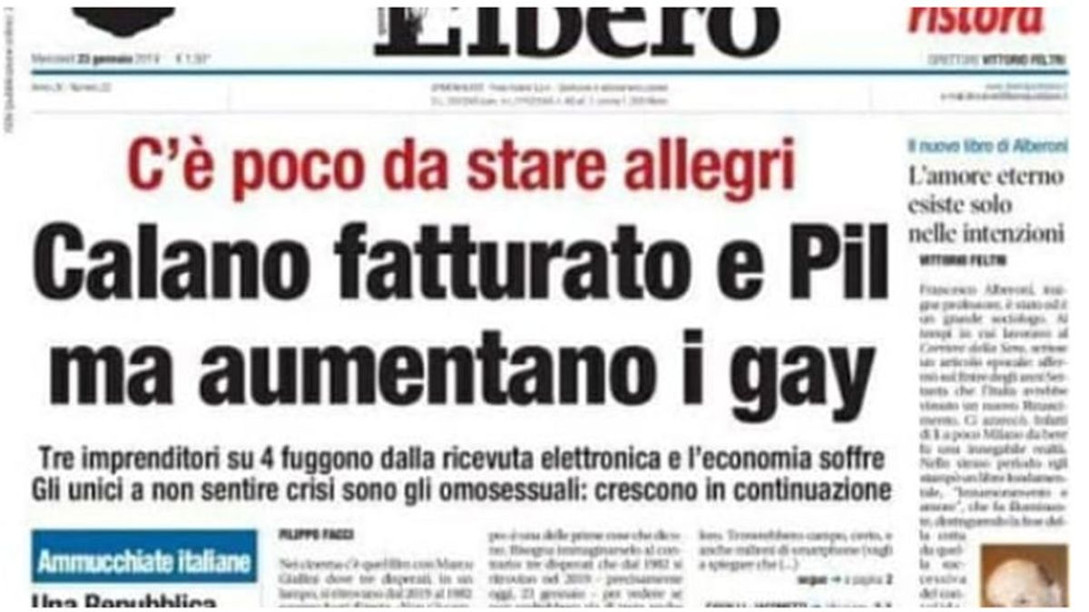 El titular homófobo de un periódico italiano desata la polémica:  "Baja la facturación y el PIB, pero aumentan los gais"