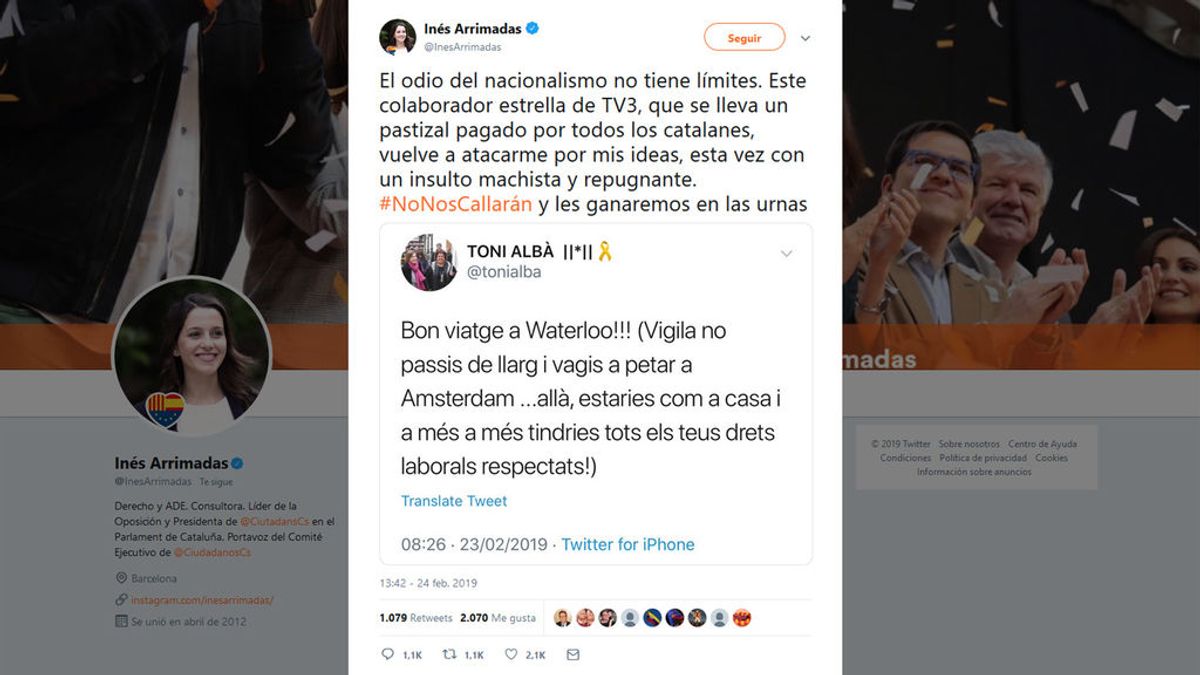 "Un insulto machista y repugnante", la respuesta de Arrimadas al tuit de Toni Albà