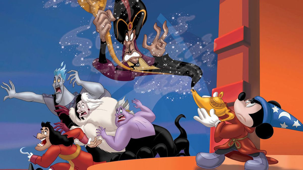 Capitán Garfio, Hades, Cruella de Vil, Úrsula y Jafar, villanos de las películas de animación de Disney, junto a Mickey Mouse, en la película 'El club de los villanos'.