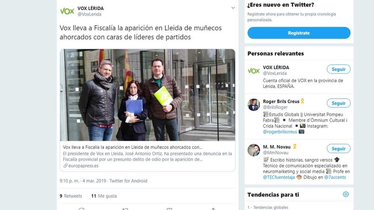 Vox calificó en sus cuentas en las Redes a Ortiz Cambray como el presidente en Lleida