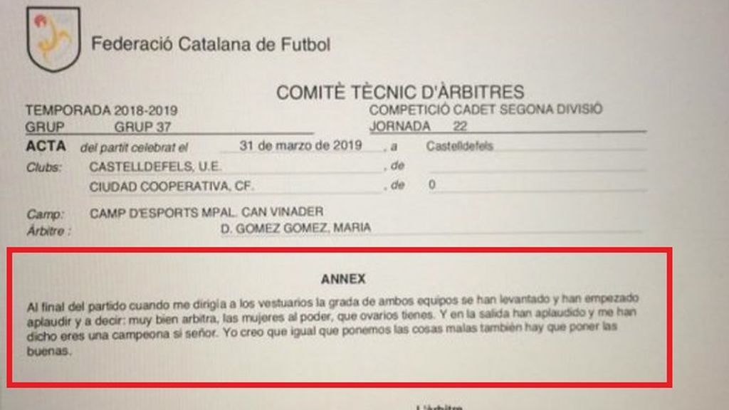 "Qué ovarios tienes", una árbitra de 15 años refleja en el acta los elogios del público "Qué ovarios tienes", una árbitra de 15 años refleja en el acta los elogios del público
