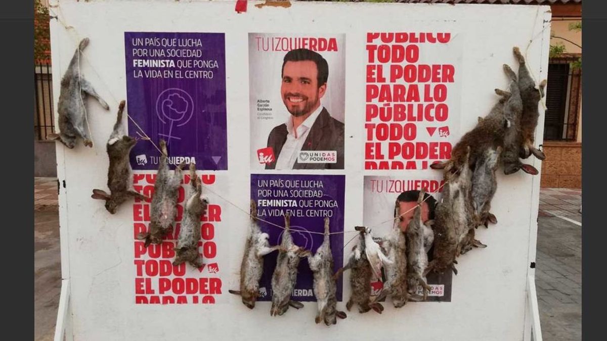 Cuelgan una ristra de conejos muertos en un cartel electoral de IU en Toledo