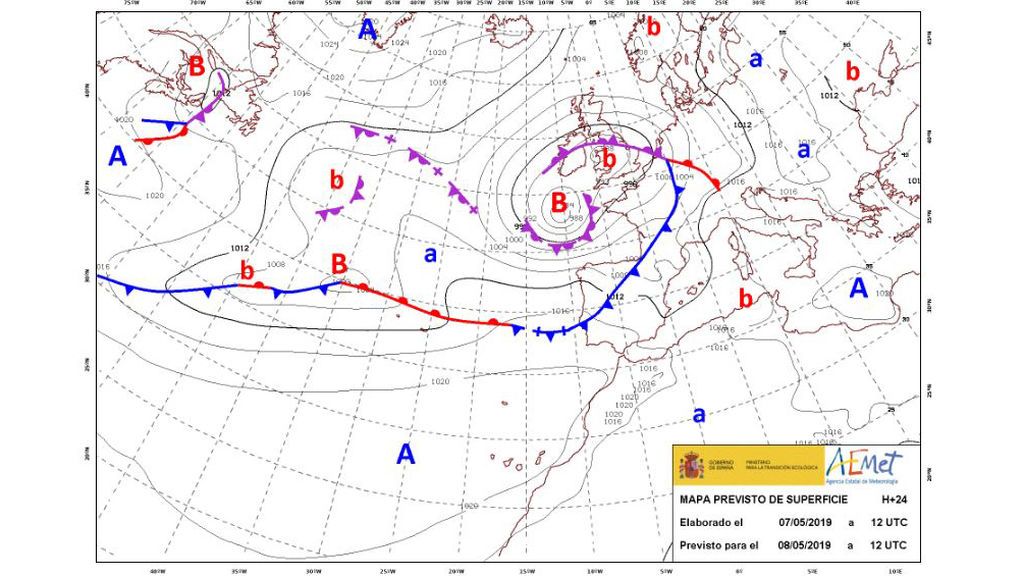 Mapa con frentes previstos para el miércoles 8 de mayo