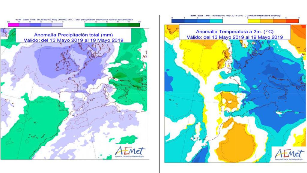 Anomalía de las precipitaciones y las temperaturas prevista para la próxima semana