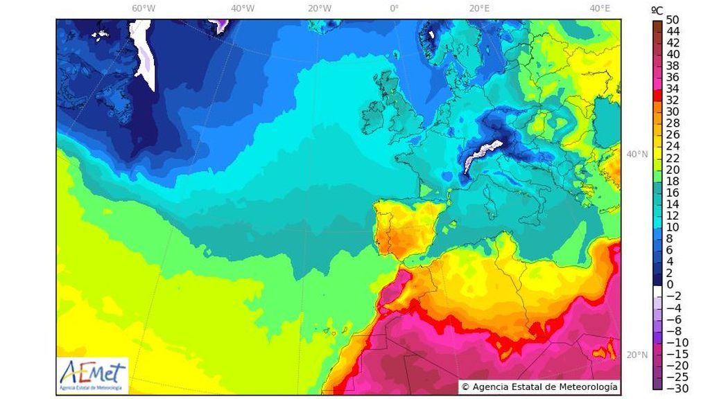 Temperatura en superficie prevista para el martes, 14 de mayo