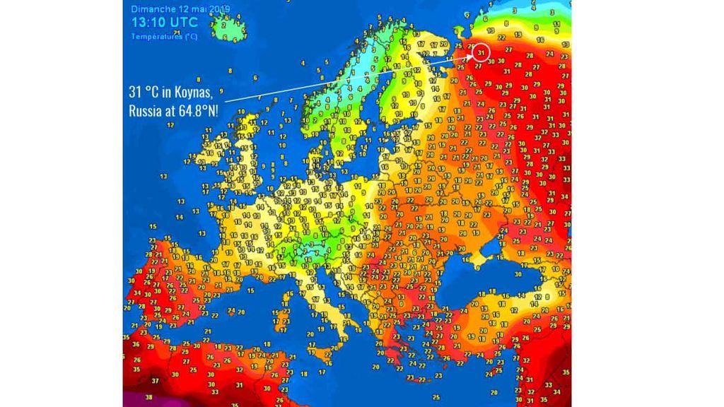 Temperaturas registradas en Europa el domingo, 12 de mayo