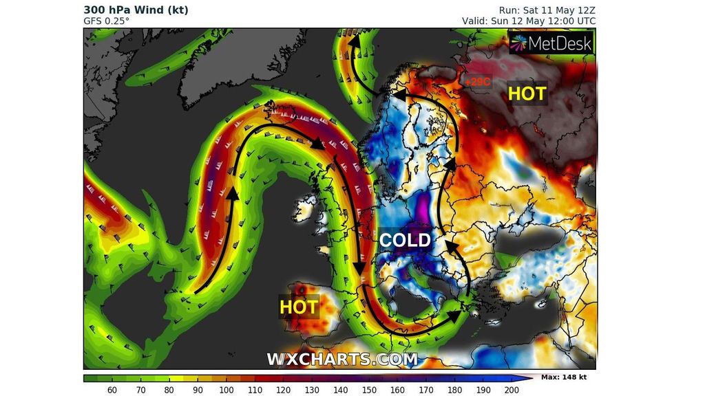 Corriente en chorro a 300 hPa el domingo, 12 de mayo