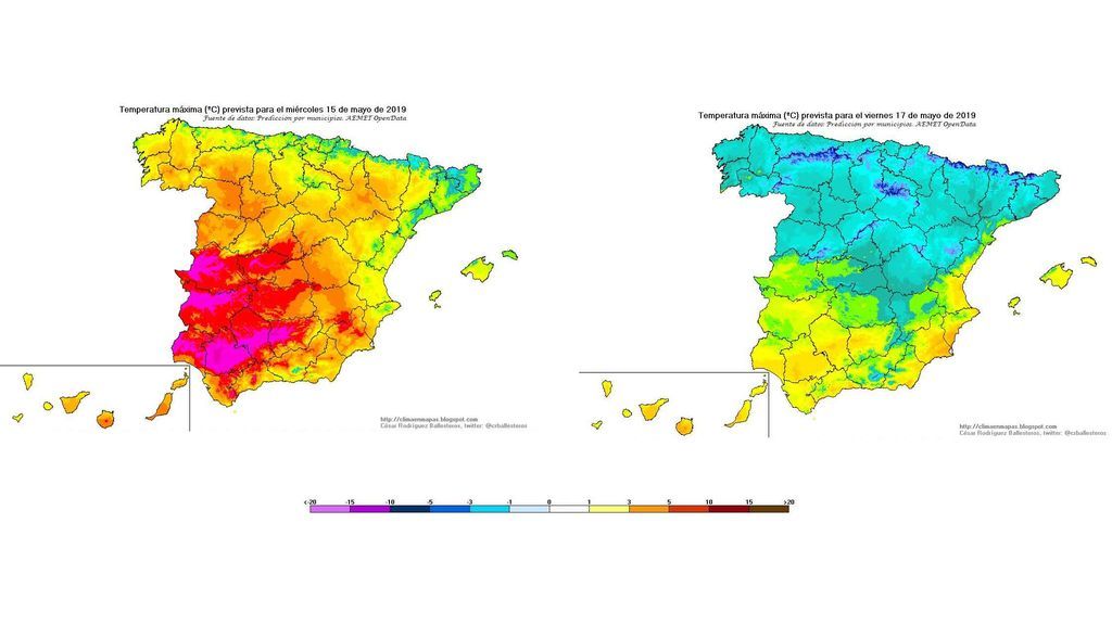 Temperaturas máximas el miércoles y viernes, 15 y 17 de mayo, respectivamente