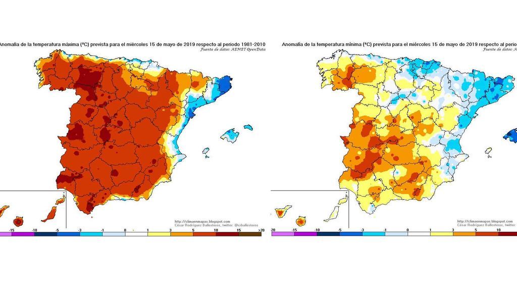 Anomalía de las temperaturas máximas y mínimas previstas el miércoles