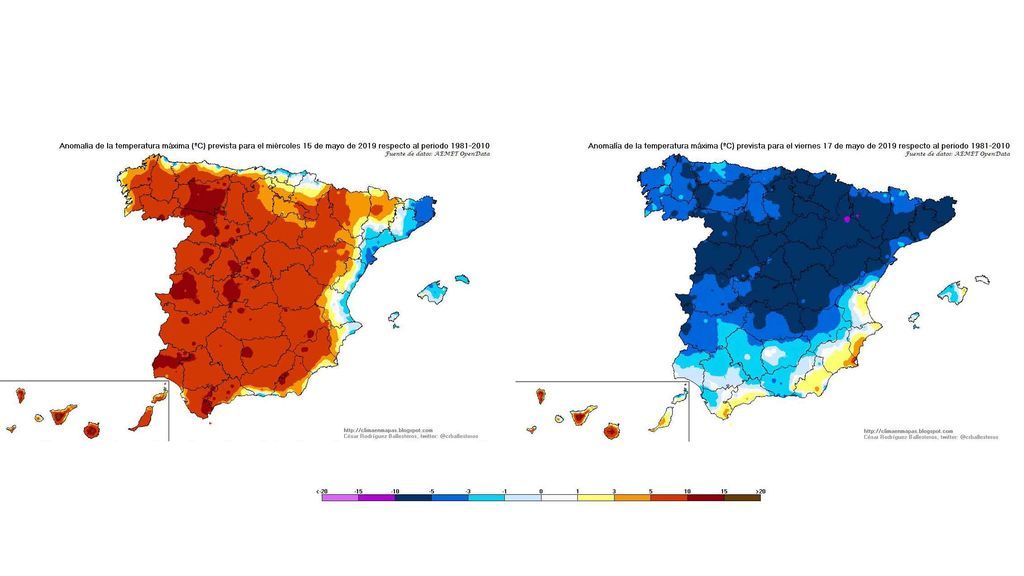 Anomalía de las temperaturas máximas el miércoles en comparación con el viernes