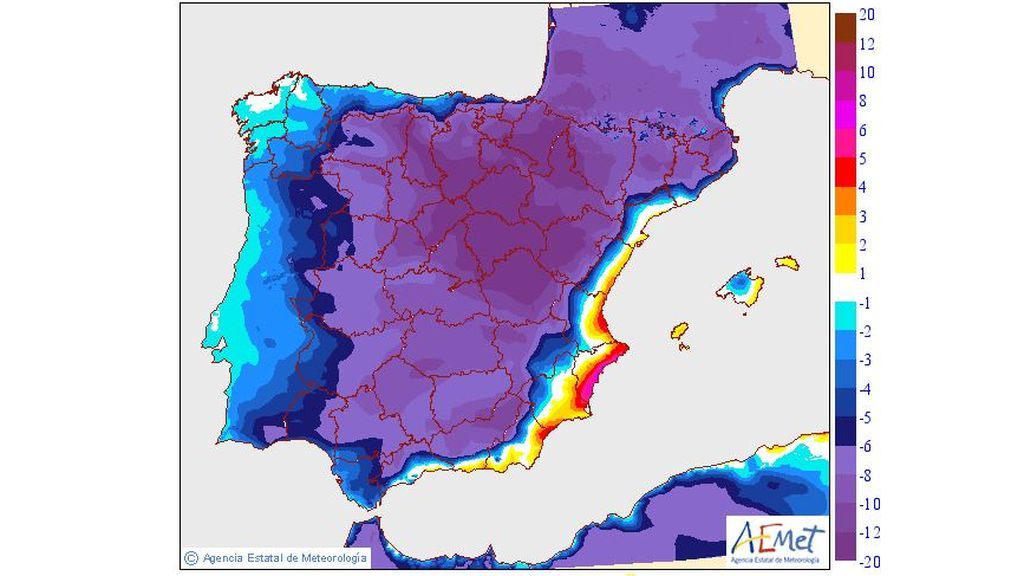 Variación de las temperaturas máximas prevista para el viernes, 17 de mayo