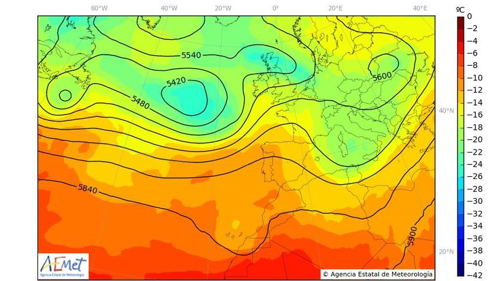 Temperatura y geopotencial a 500 hPa prevista para el miércoles, 22 de mayo