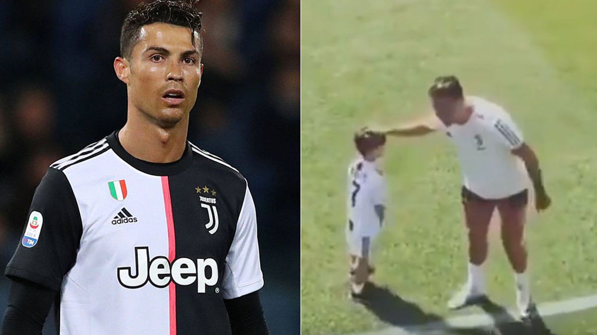 La risa de Cristiano cuando el hijo de Pjanic le hace su celebración en el entrenamiento de la Juventus La risa de Cristiano cuando el hijo de Pjanic le hace su celebración en el entrenamiento de la Juventus
