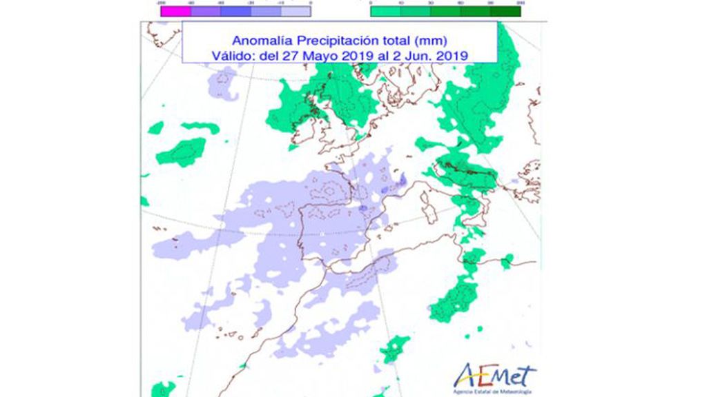 Anomalía de las precipitaciones previstas para la semana 27 mayo - 2 junio con respecto a valores habituales