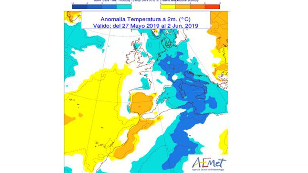 Anomalía de las temperaturas previstas para la semana 27 mayo - 2 junio con respecto a valores habituales