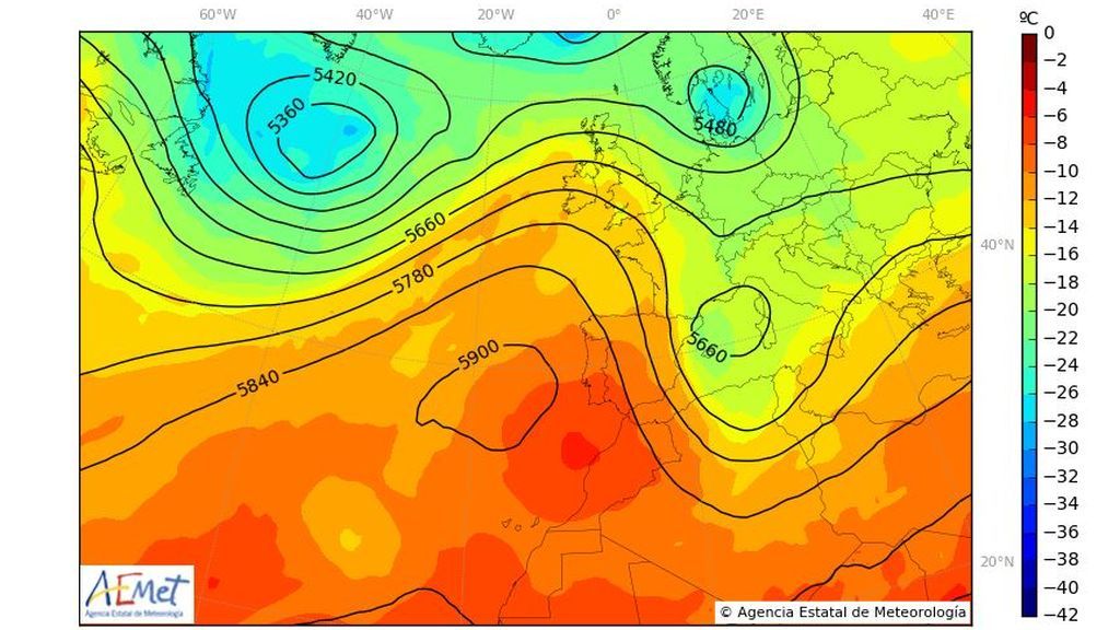 Temperatura y geopotencial a 500 hPa prevista para el sábado, 25 de mayo