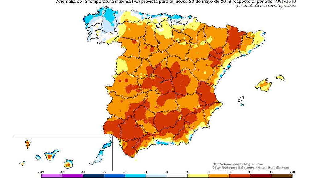 Anomalía de las temperaturas máximas prevista para el jueves