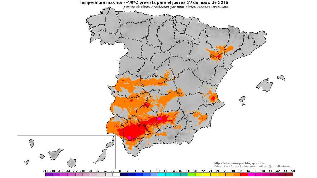 Regiones donde se esperan ≥30ºC de máxima el jueves