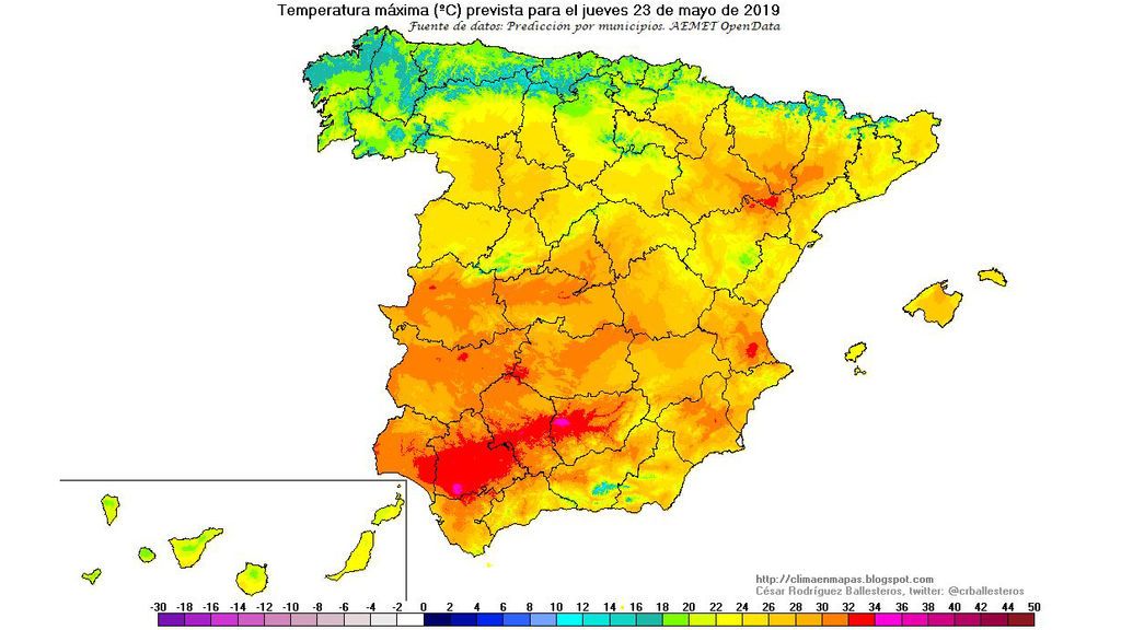 Temperaturas máxima previstas para el jueves, 23 de mayo