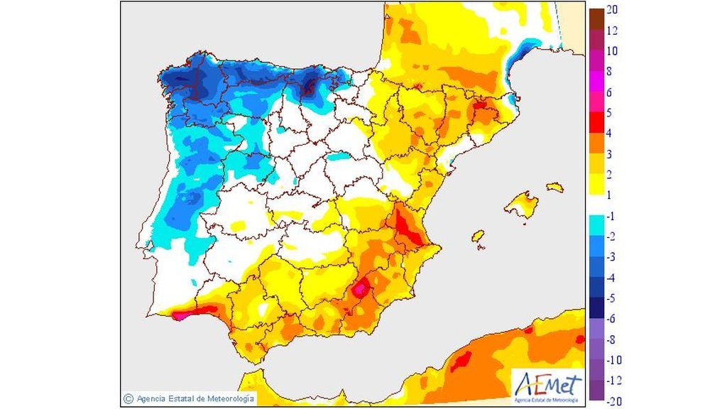 Variación de las temperaturas máximas prevista para el jueves, 23 de mayo