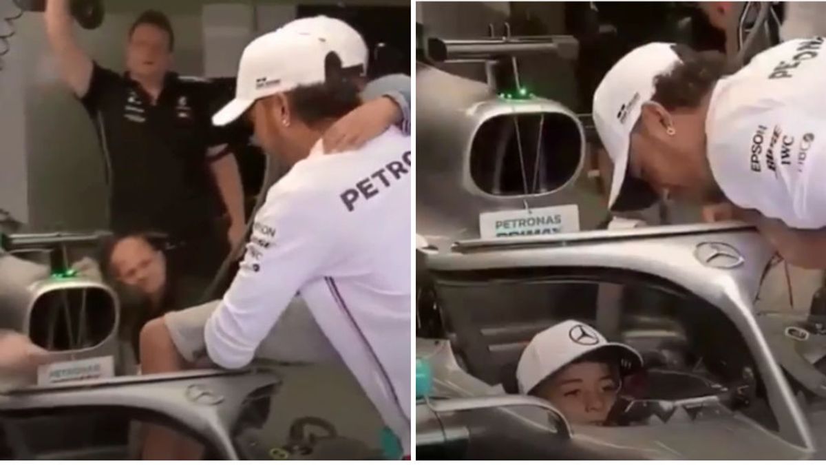 Hamilton sube a Cristiano Jr en su Mercedes mientras Cristiano Ronaldo y Georgina alucinan