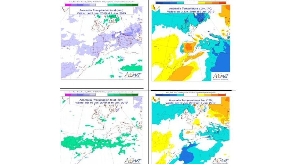 Anomalía de la temperatura y precipitación media las próximas semanas, de 3 al 16 de junio