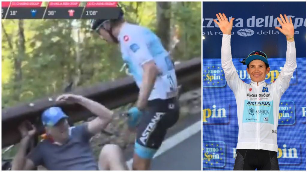 El colombiano 'SuperLópez' se lía a golpes con un aficionado que le tiró de su bicicleta en el Giro de Italia El colombiano 'SuperLópez' se lía a golpes con un aficionado que le tiró de su bicicleta en el Giro de Italia