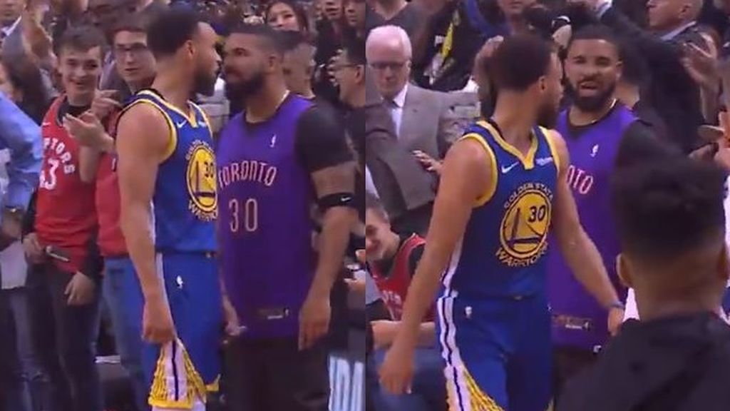 El tenso cara a cara entre Stephen Curry y Drake durante el partido de NBA El tenso cara a cara entre Stephen Curry y Drake durante el partido de NBA