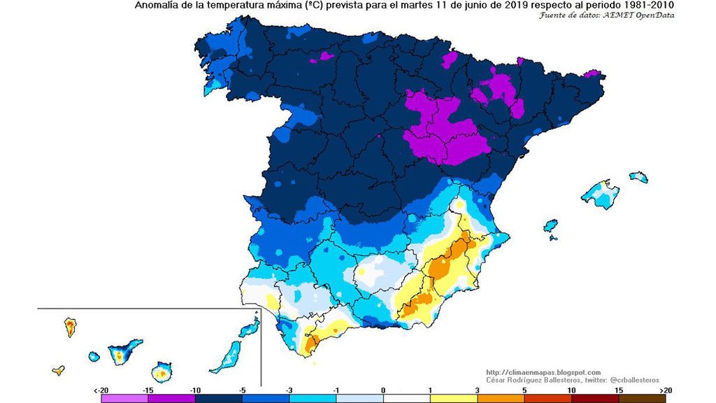 Anomalía de la temperatura máxima prevista para el martes, 11 de junio / @crballesteros