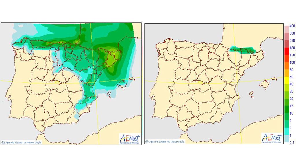 Precipitación media y precipitación media en forma de nieve, respectivamente, prevista para el martes