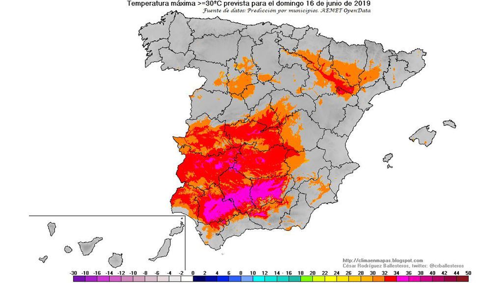 Temperaturas ≥ 30ºC previstas para el domingo, 16 de junio / @crballesteros