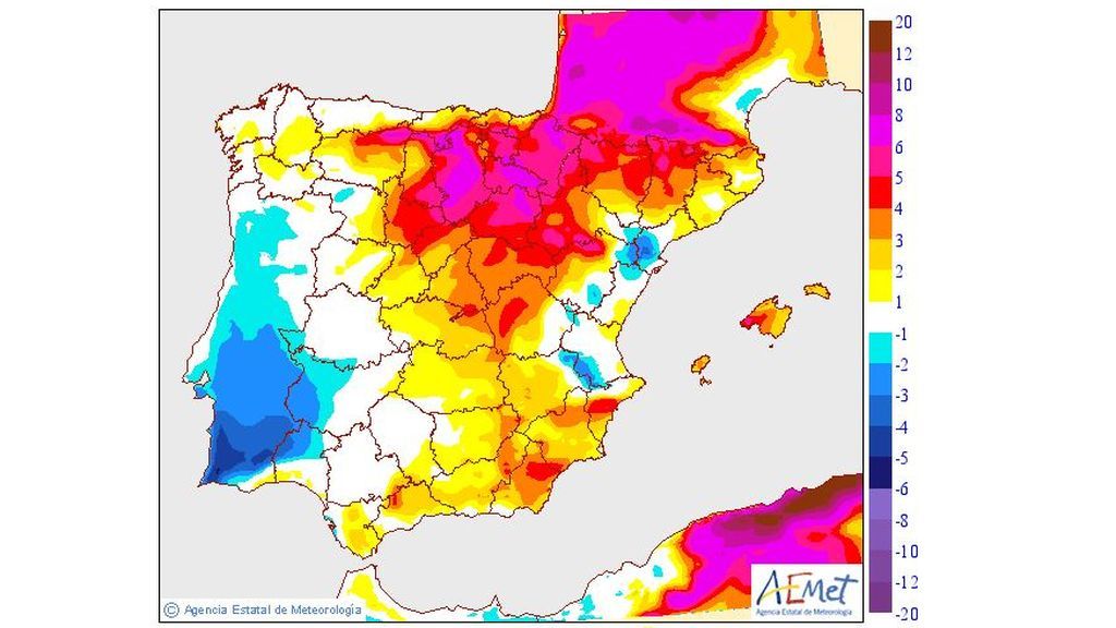 Variación de las temperaturas máximas el jueves con respecto al miércoles / Aemet